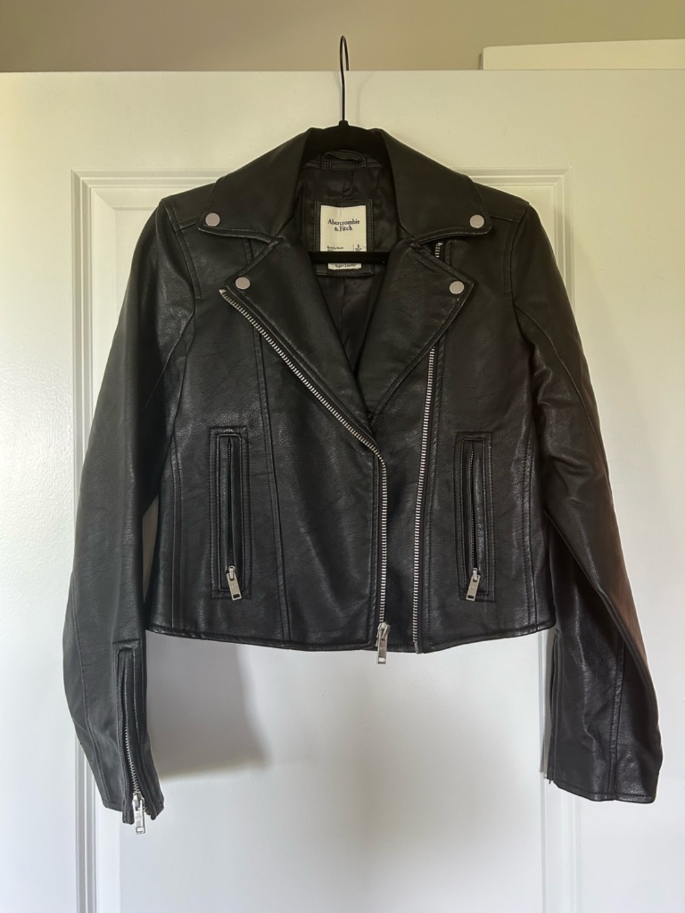 Abercrombie & Fitch Black Vegan Leather Moto Jacket with Silver Hardware Accents